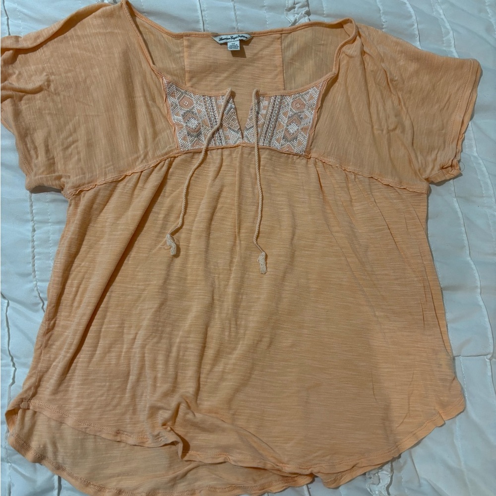 American Eagle Womens Blouse Yellow Orange Short Sleeve Scoop Embellished Size S